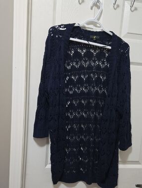 Open-Front Navy Crochet Cardigan Sweater for Women